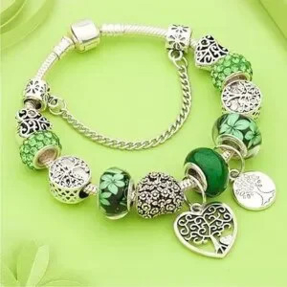 New! Anthropologie Silver and Green Beaded Bracelet